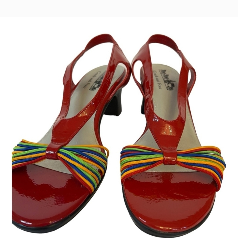 Red Patent Leather Women's Shoes with Rainbow Bow